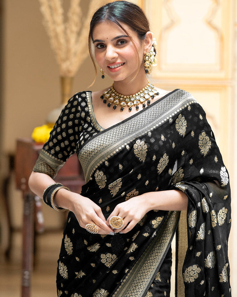 Black Color Banarasi All Over Jacquard Soft Silk Saree