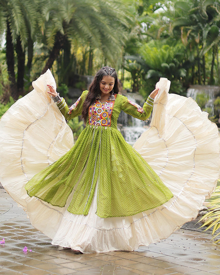 White Color Kora Cotton Lehenga With Parrot Green Kurti