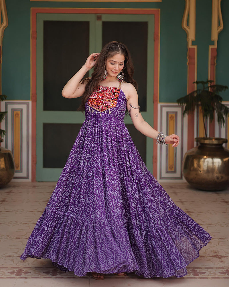 Purple Color Georgette Bandhej Print Navratri Gown