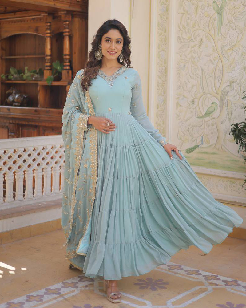 Sky Color Faux Georgette Designer Anarkali Gown With Dupatta