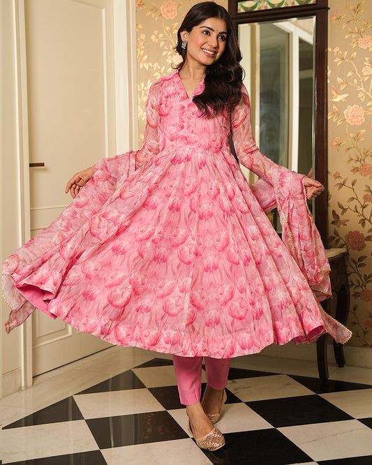 Baby Pink Color Printed Tebby Organza Three Piece Anarkali Suit
