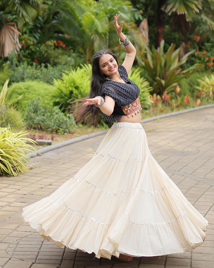 White Color Kora Cotton Lehenga With Black Choli