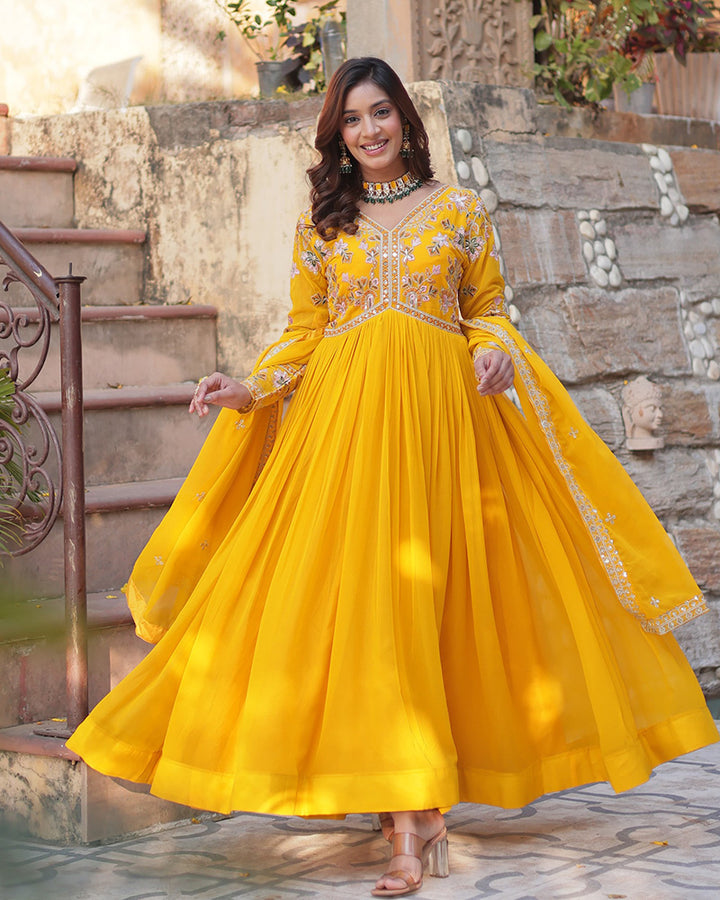 Mustard Color Faux Blooming Zari Embroidered Work Gown