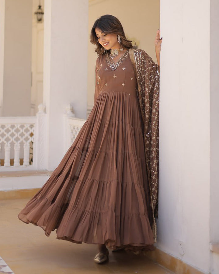 Coffee Color Faux Georgette Designer Anarkali Gown With Dupatta