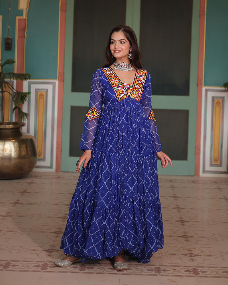 Blue Color Georgette Bandhej Print Navratri Gown