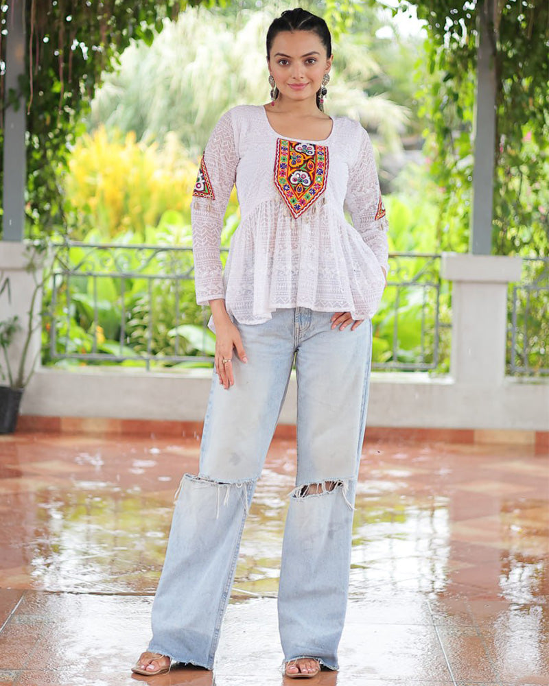 White Color Georgette Schiffli Work Navratri Kediya