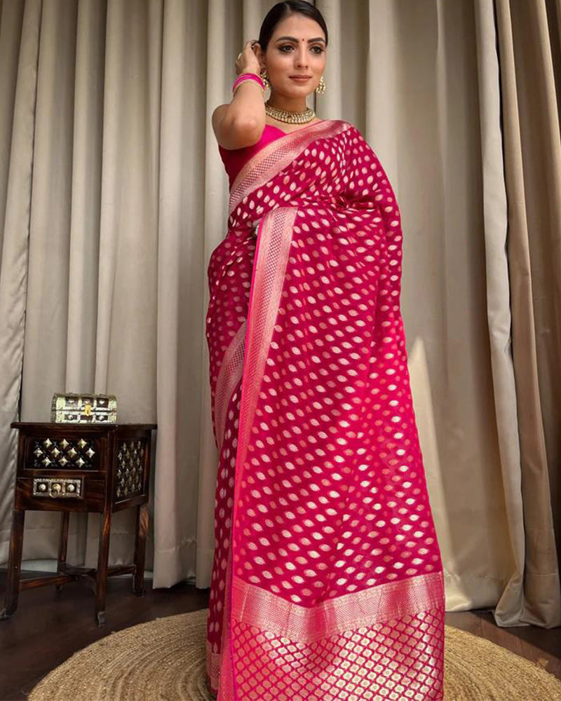 Beautiful Rani Pink Color Banarasi Jacquard Weaving Saree