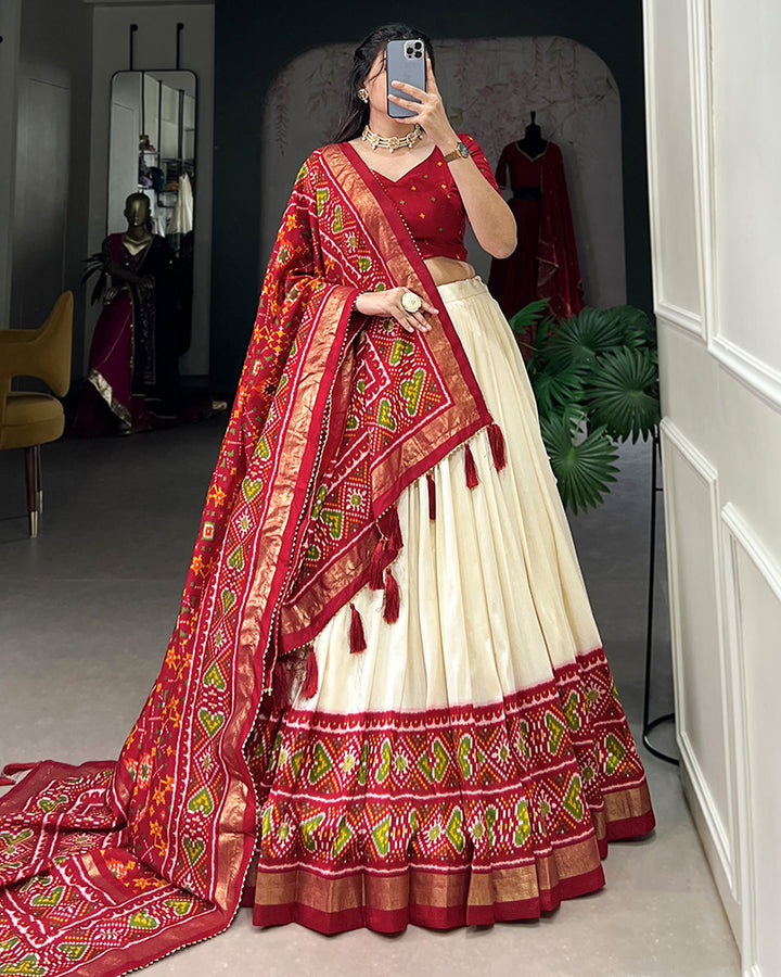 Red Color Tussar Silk Patola Printed Lehenga Choli