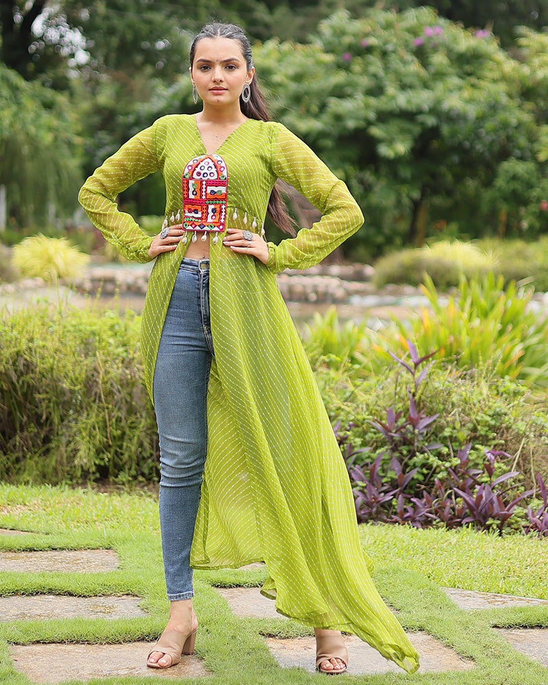 Parrot Green Color Georgette Laheriya Print Navratri Kurti