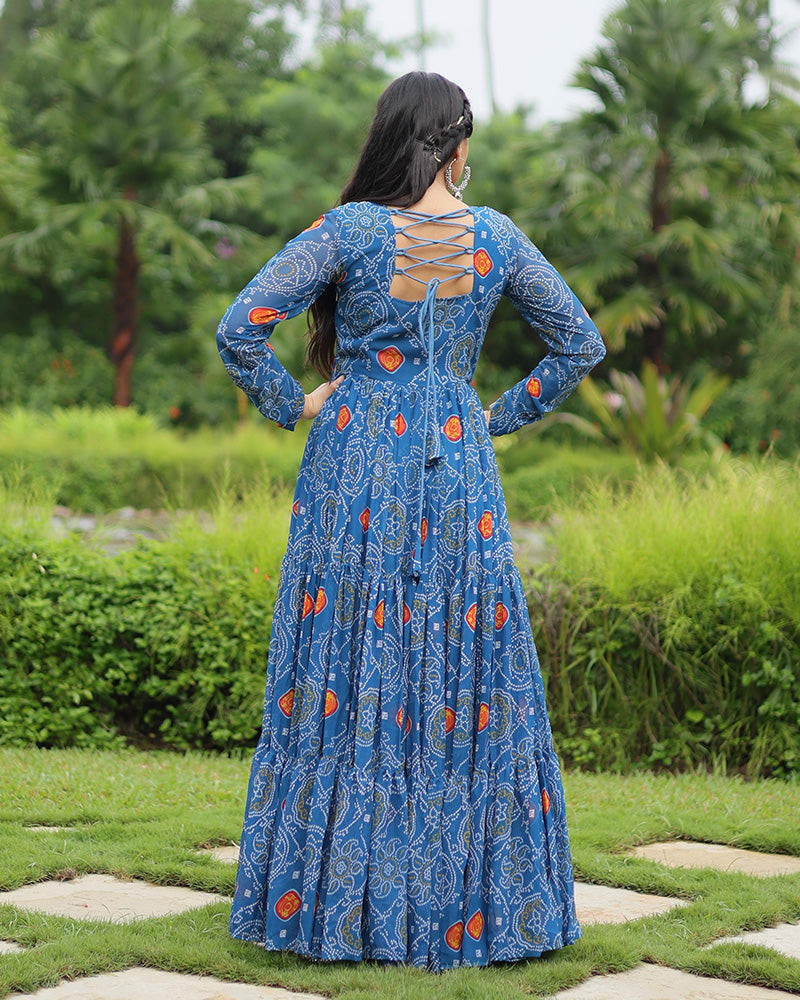 Blue Color Georgette Kutchi Work Navratri Gown