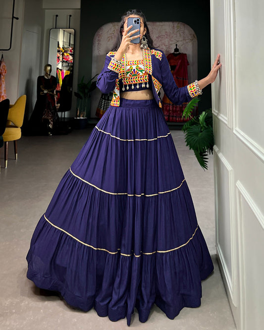 Navy Blue Color Pure Rayon Gamthi Navratri Lehenga Choli