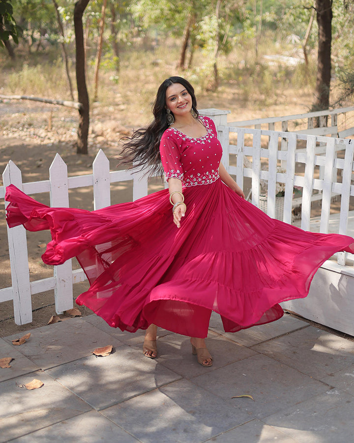 Rani pink Color Faux Blooming Embroidered Anarkali Gown