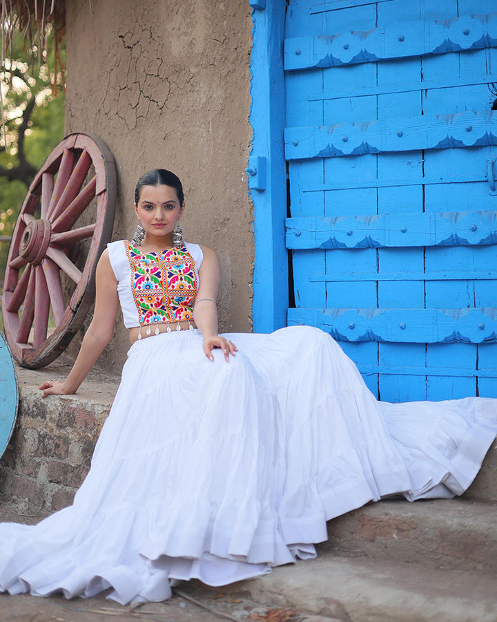 White Color Rayon Embroidered Navratri Lehenga Choli