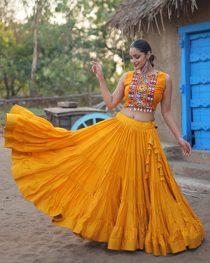 Mustard Color Rayon Embroidered Navratri Lehenga Choli