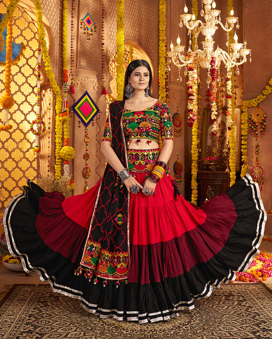 Traditional Red Multi Color Thread And Mirror Work Lehenga Choli