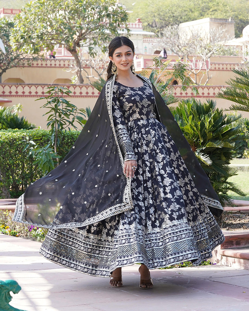 Designer Black Color Sequence embroidered Viscose Jacquard Gown With Dupatta
