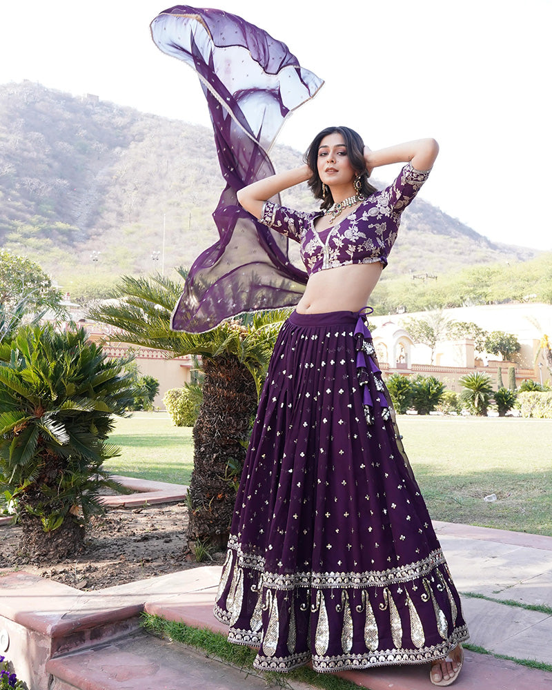 Wine Color Sequence Embroidered Faux Blooming Lehenga Choli