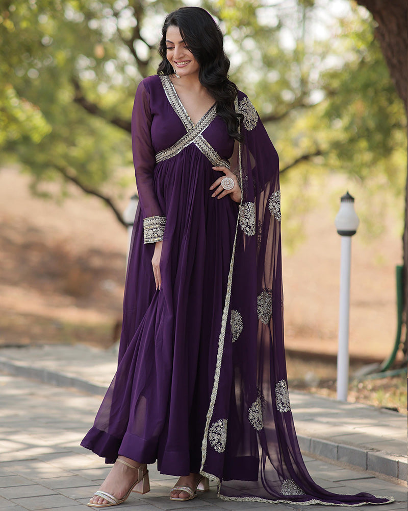 Wedding Wear Embroidered Wine Color Alia Cut Gown With Dupatta
