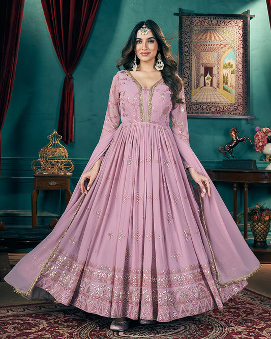 Baby Pink Color Faux Georgette Metalic Foil Work Gown With Dupatta