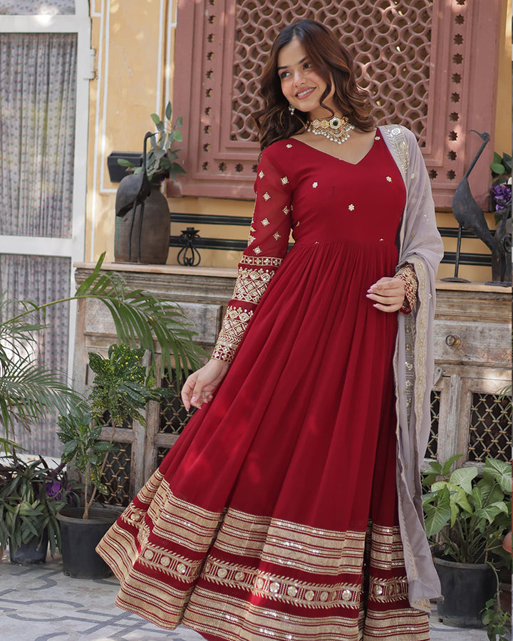 Rusty Red Color Faux Blooming Zari Embroidered Work Gown