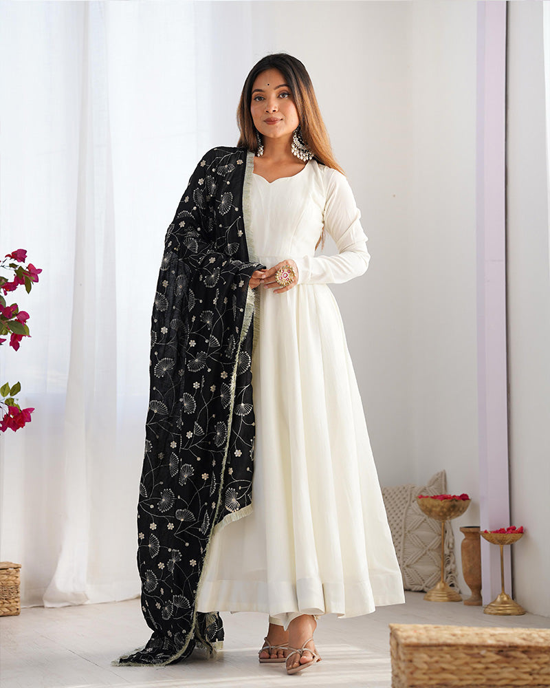 White Color Soft Vichitra Silk Anarkali With Black Dupatta