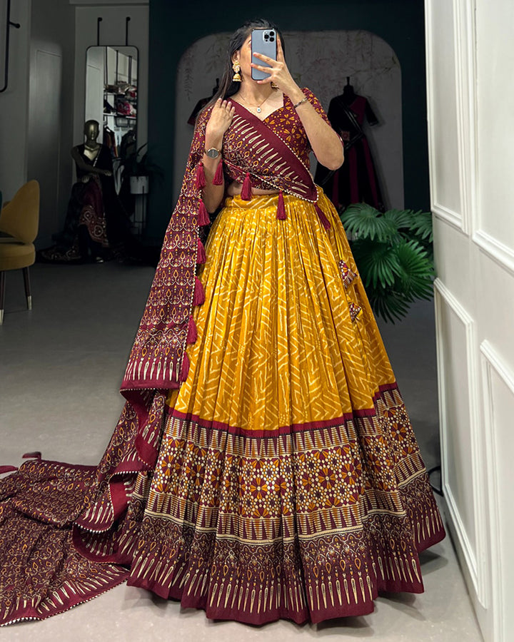 Mustard Color Tussar Silk Bandhej Printed Navratri Lehenga Choli