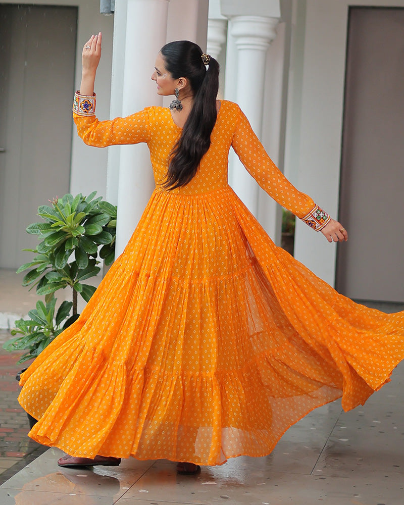 Yellow Color Georgette Bandhani Print Navratri Gown