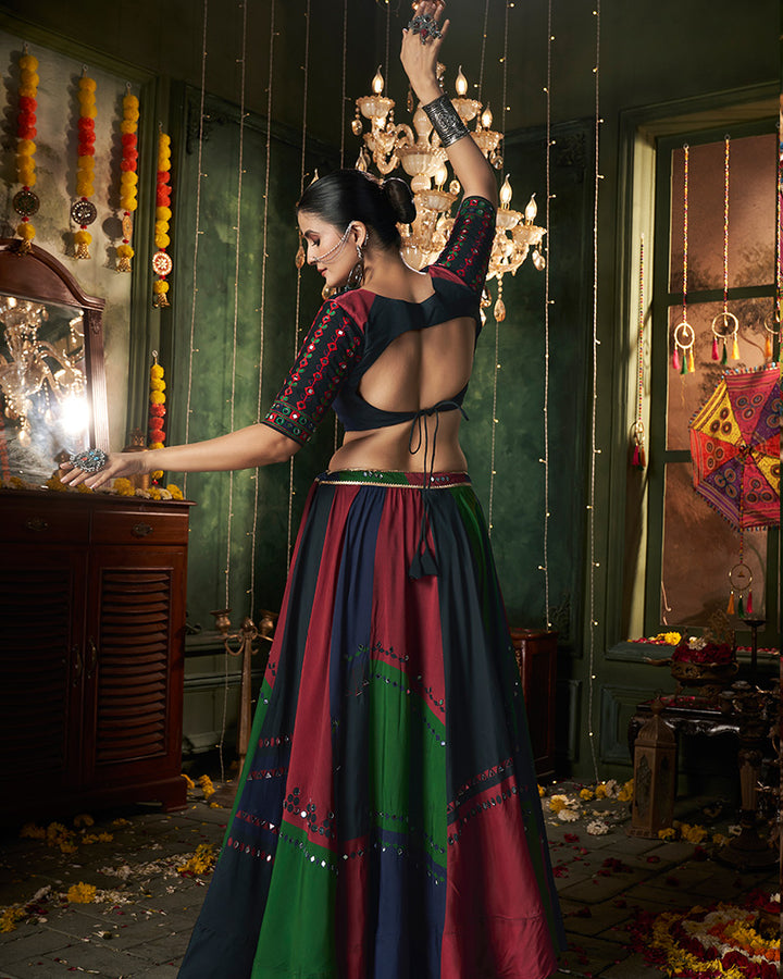 Multi Color Maslin Cotton Printed Mirror Work Navratri Lehenga Choli