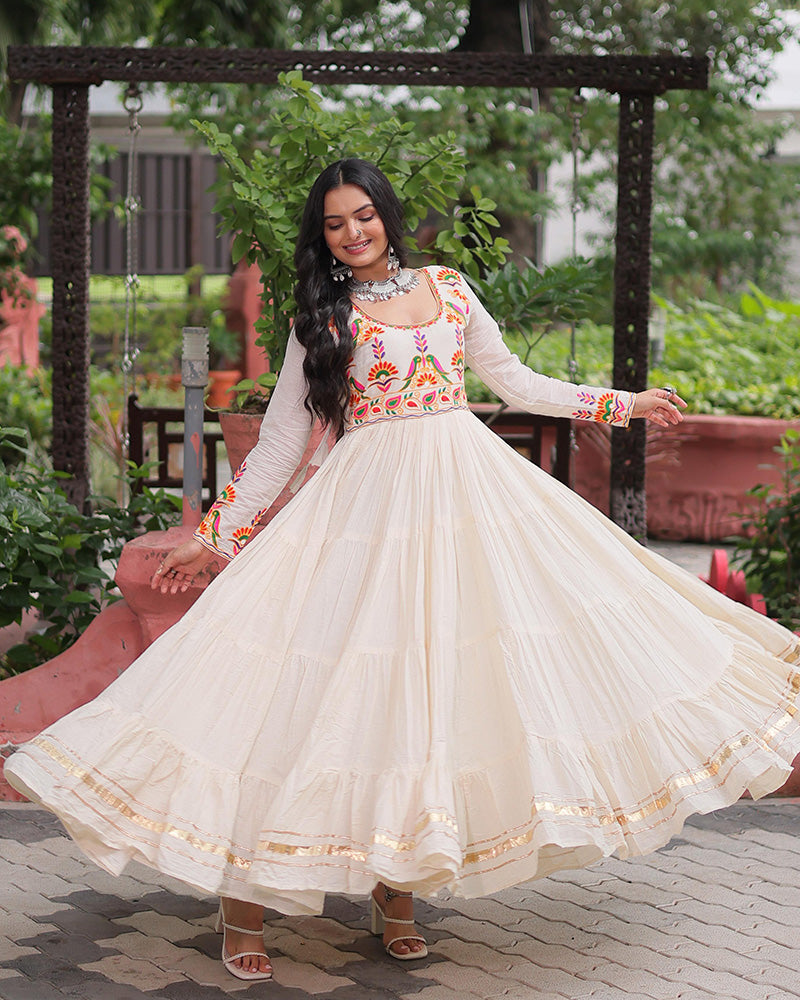 Off-White Kora Cotton Mirror-Embroidered Flared Navratri Gown