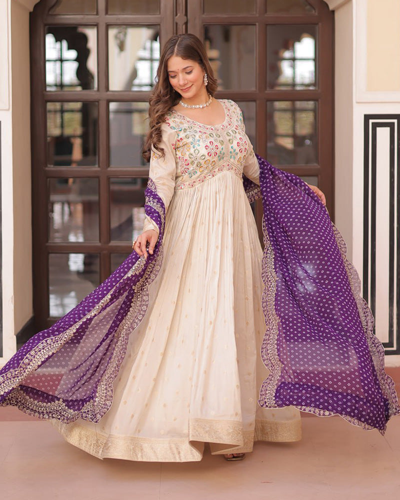 Off-White Color Jacquard Gown With Purple Dupatta