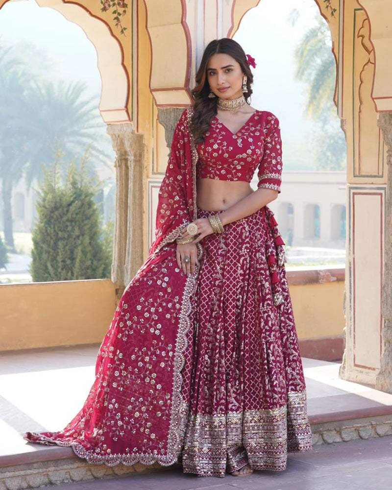 New Design Rani Pink Color Sequence Embroidered Jacquard Lehenga Choli
