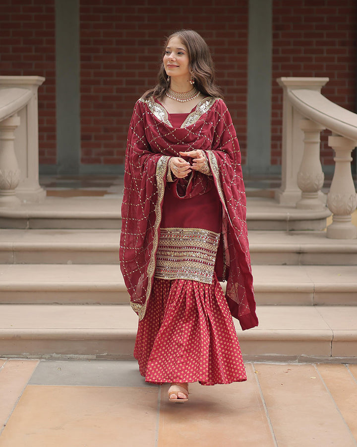 Maroon Color Georgette And Jacquard Sharara Suit