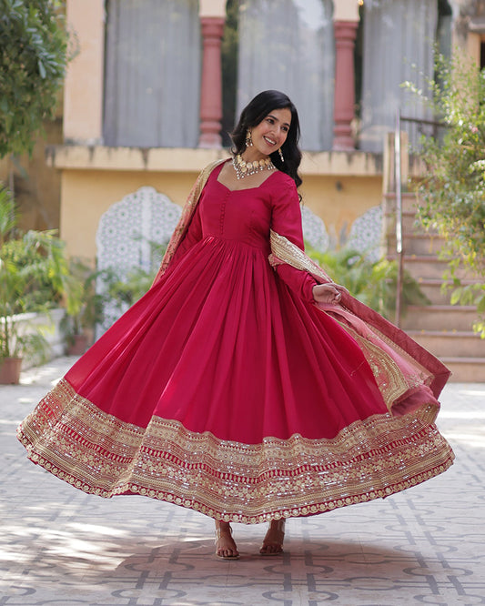 Rani Pink Color Vichitra Shimmer Sequence Embroidered Gown