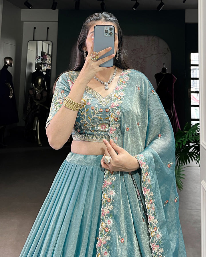 Sky Blue Color Zari Shimmer Thread Embroidered Lehenga Choli