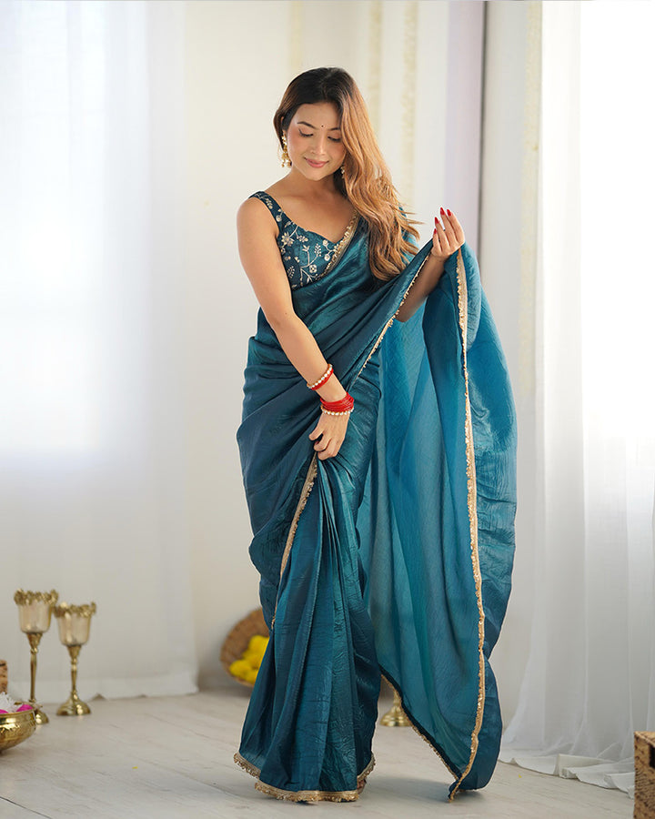 Teal Blue Color Tissue Silk Pre Drapped Saree