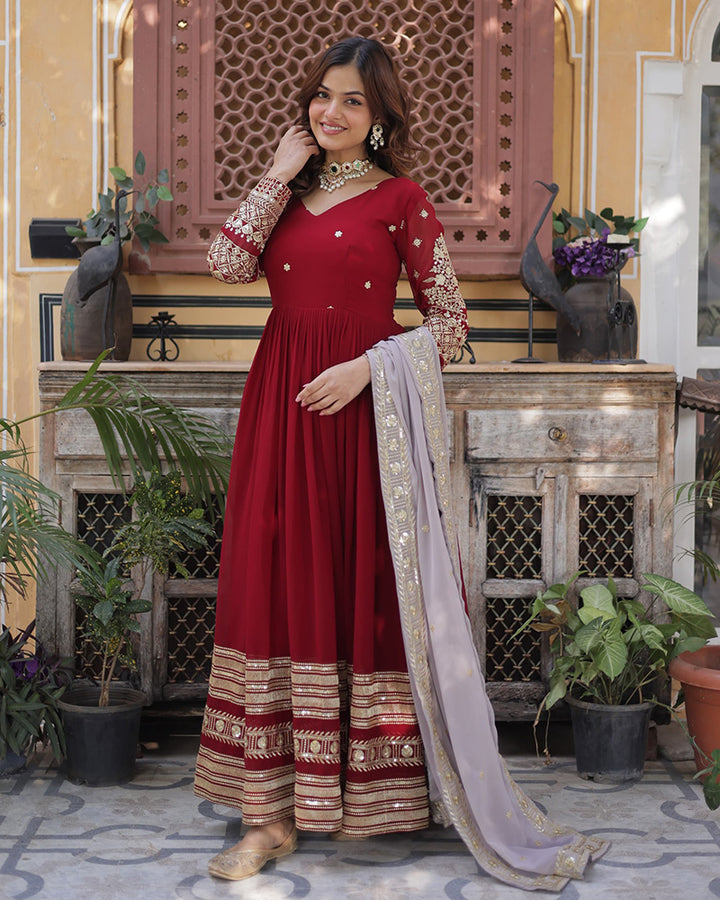 Rusty Red Color Faux Blooming Zari Embroidered Work Gown