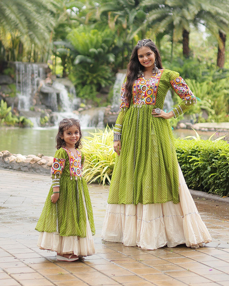 White Color Kora Cotton Lehenga With Parrot Green Kurti