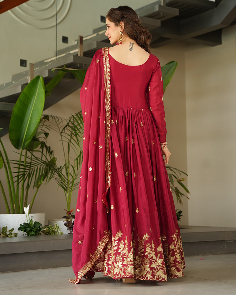Red Color Chinnon Sequence Embroidered Gown