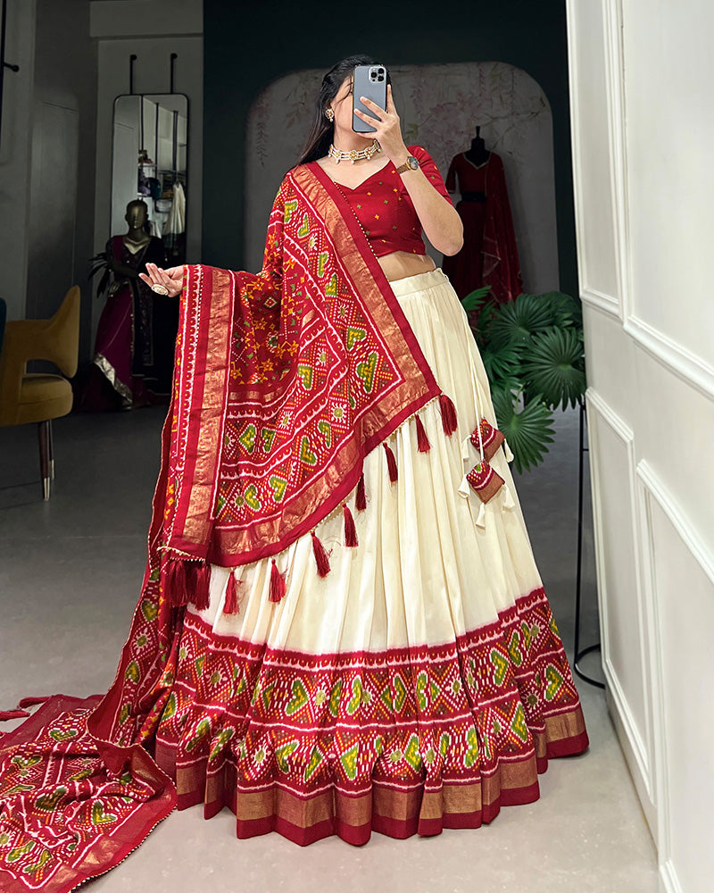 Red Color Tussar Silk Patola Printed Lehenga Choli