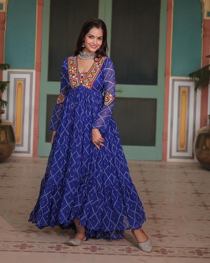 Blue Color Georgette Bandhej Print Navratri Gown