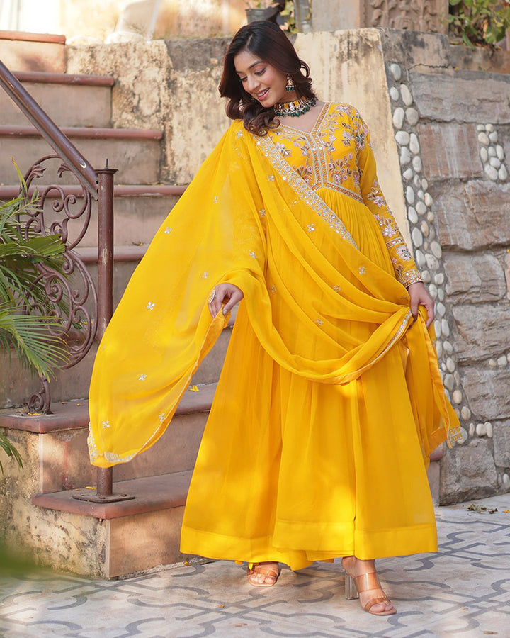 Mustard Color Faux Blooming Zari Embroidered Work Gown