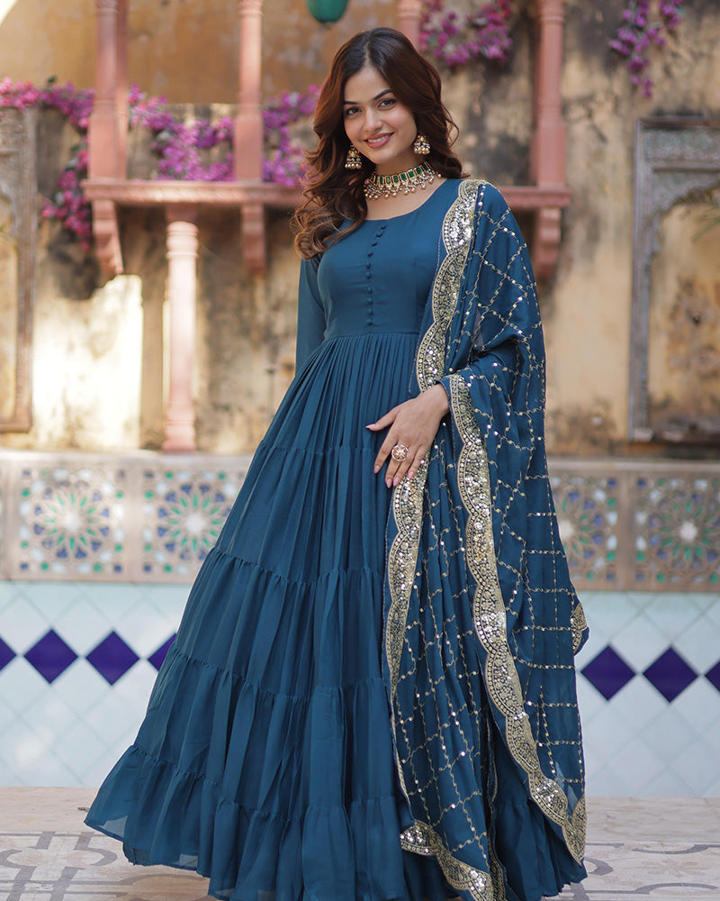 Morpeach Color Star Georgette Gown With Embroidered Dupatta