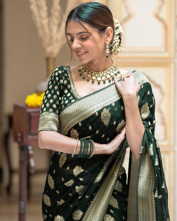 Green Color Banarasi All Over Jacquard Soft Silk Saree