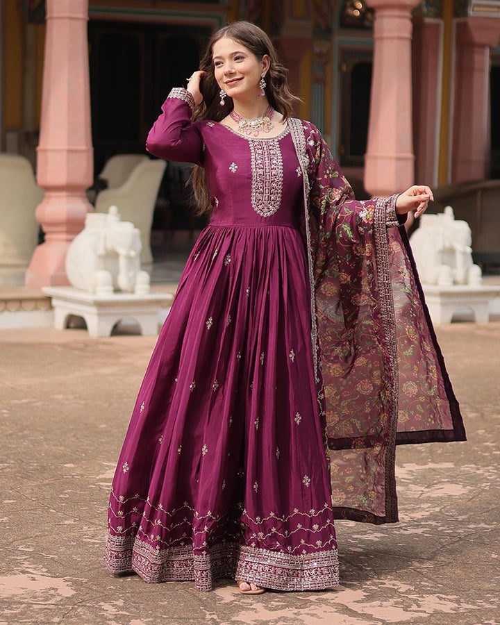 Wine Color Chinnon Sequence Embroidered Gown