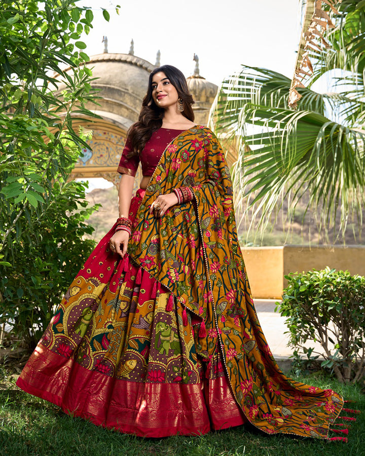 Red Color Tussar Silk Kalamkari Printed Navratri Lehenga Choli