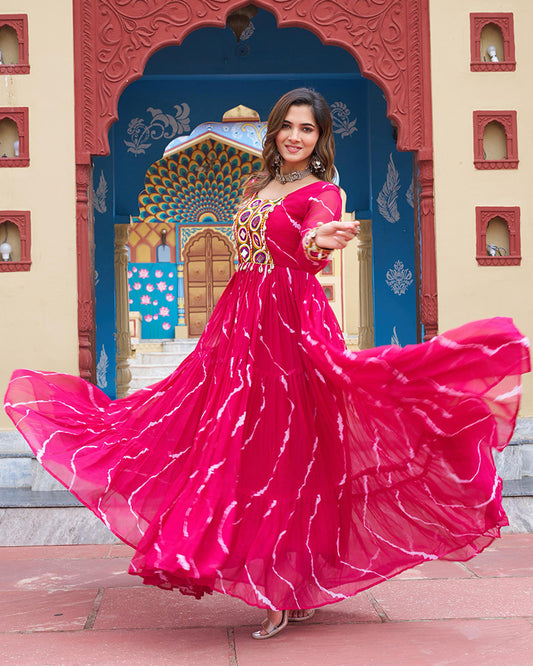 Rani Pink Color Georgette Laheriya Print Navratri Gown