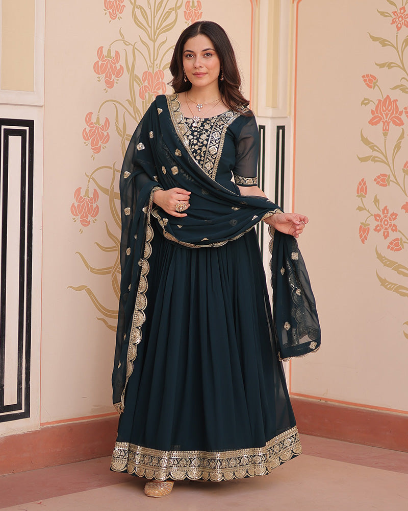 Designer Rama Blue Anarkali Gown with Golden Embroidery