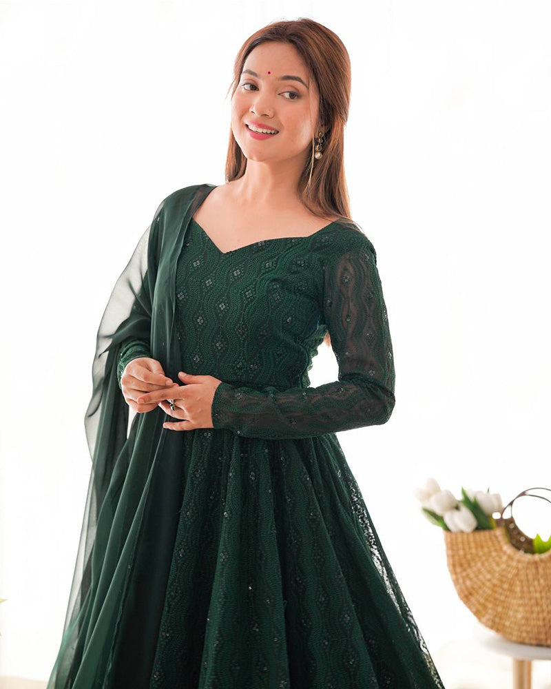 Green Color Georgette Lucknowi Three Piece Anarkali Suit