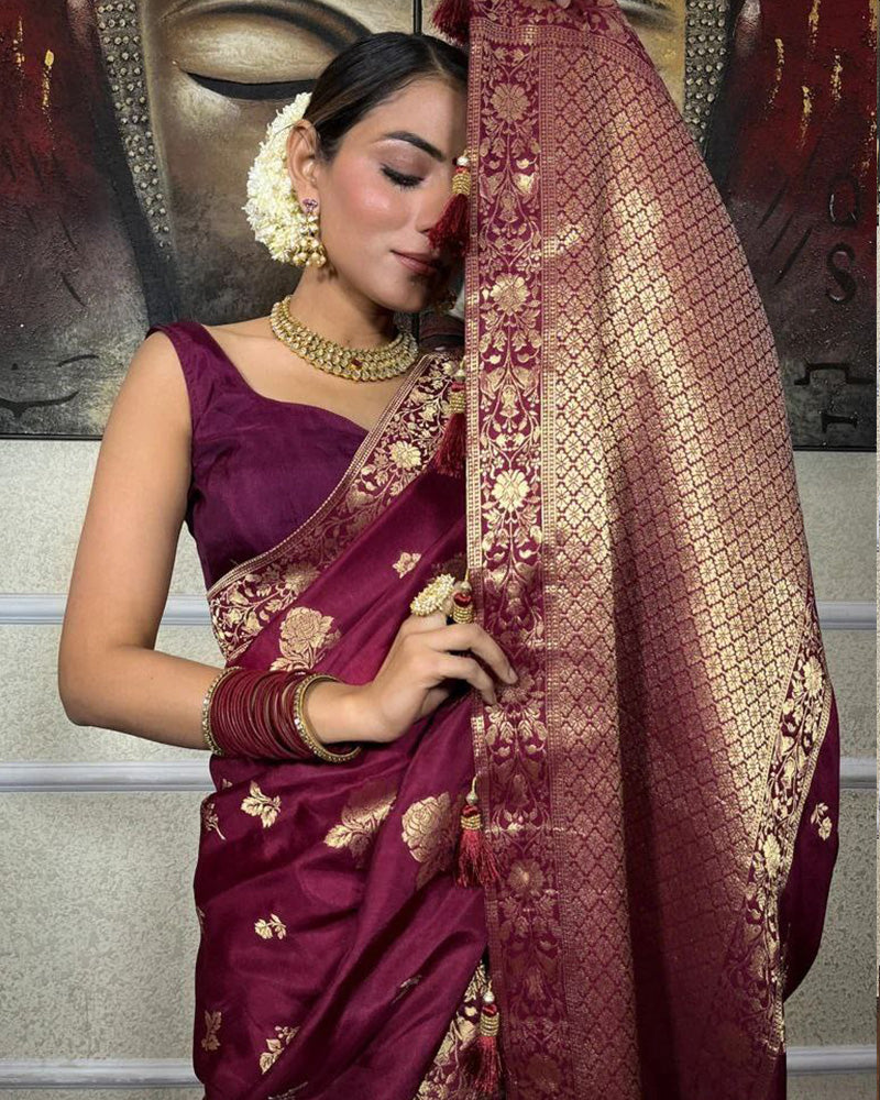 Wine Color Big Flower Design Banarasi Soft Silk Saree