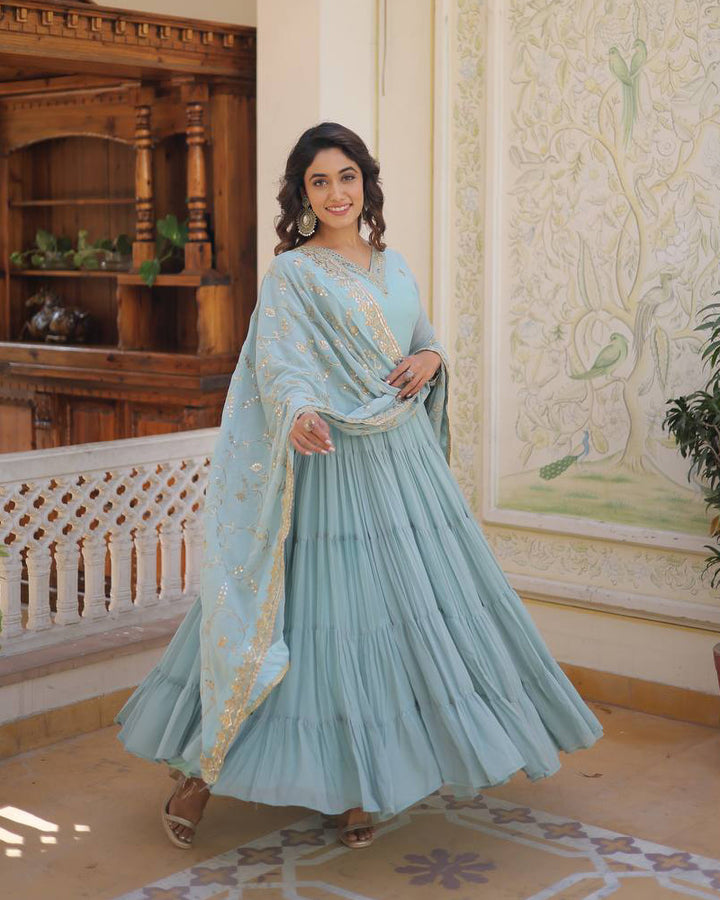 Sky Color Faux Georgette Designer Anarkali Gown With Dupatta